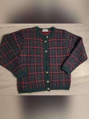 Edinburgh Green & Red Plaid Mohair Mix Button-Front Sweater , Size S